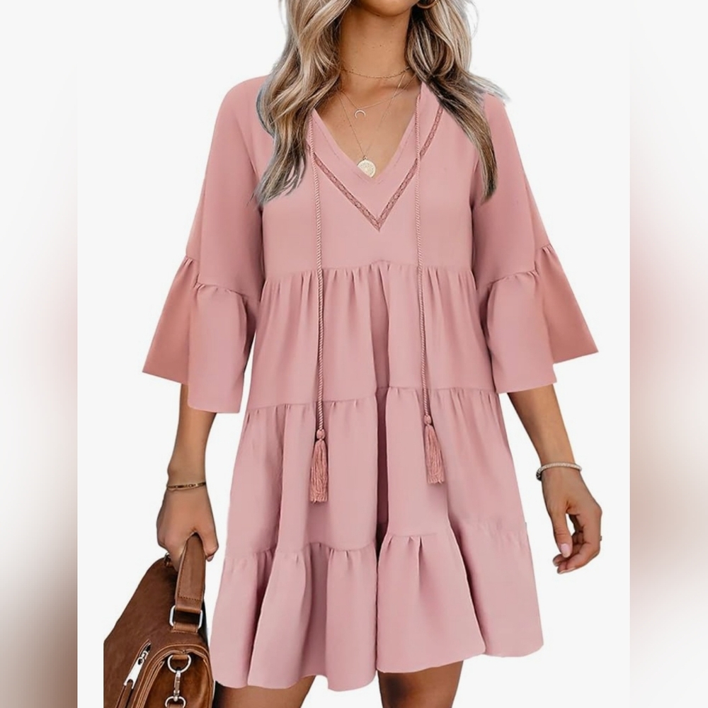Pink Tiered Ruffled Sundress with Bell Sleeves- NWOT